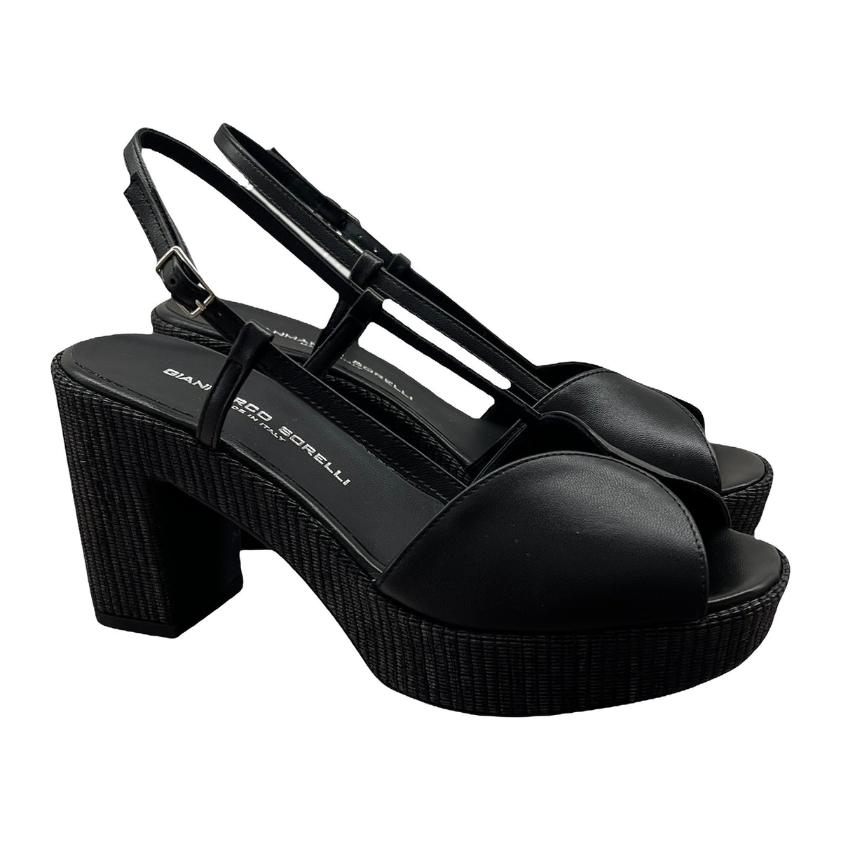 Sandali Gianmarco Sorelli Zeppa 9cm In Pelle Nera E Rafia, vista 2