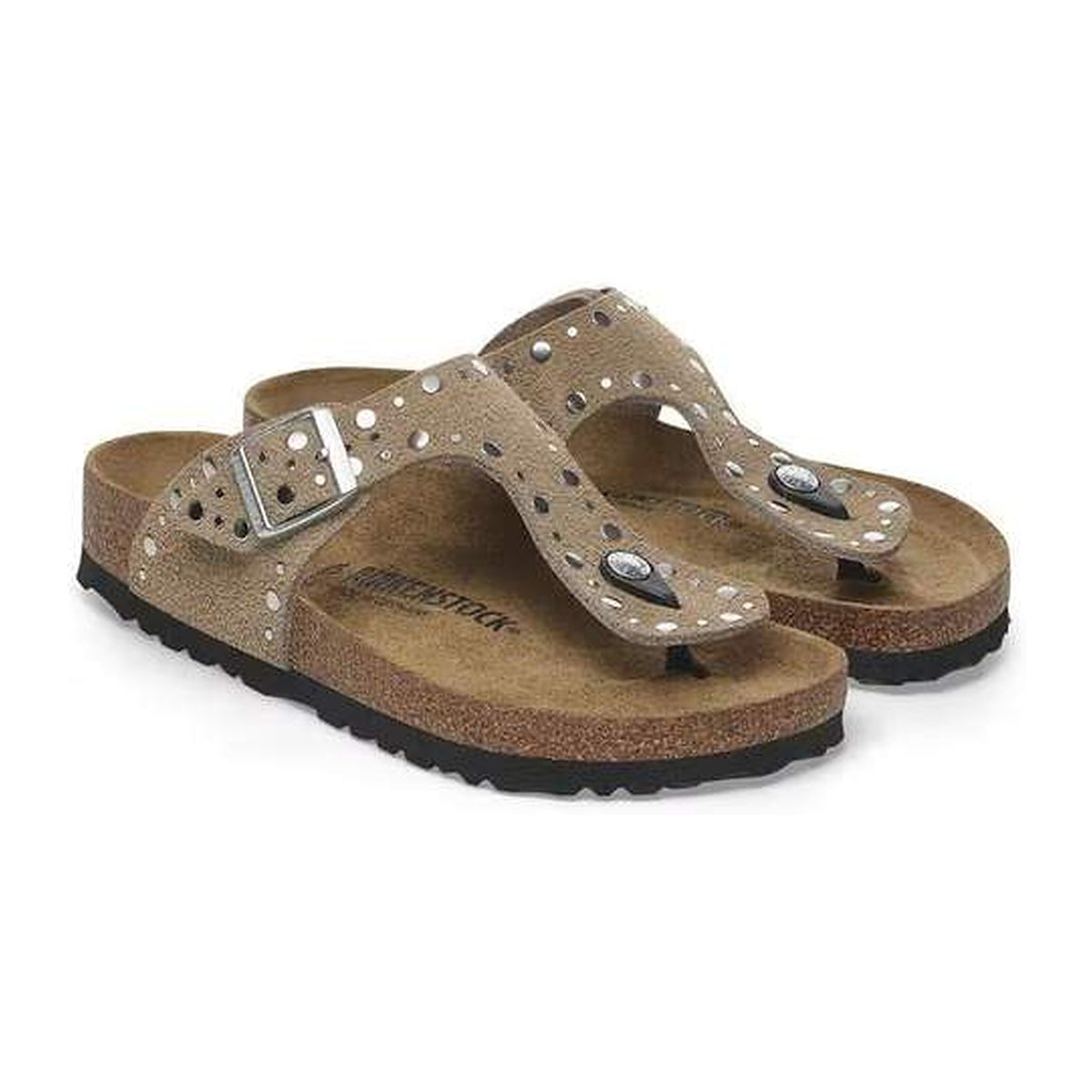 Sandali Bassi Birkenstock Gizeh Rivet Taupe, Suede Leather, vista 2