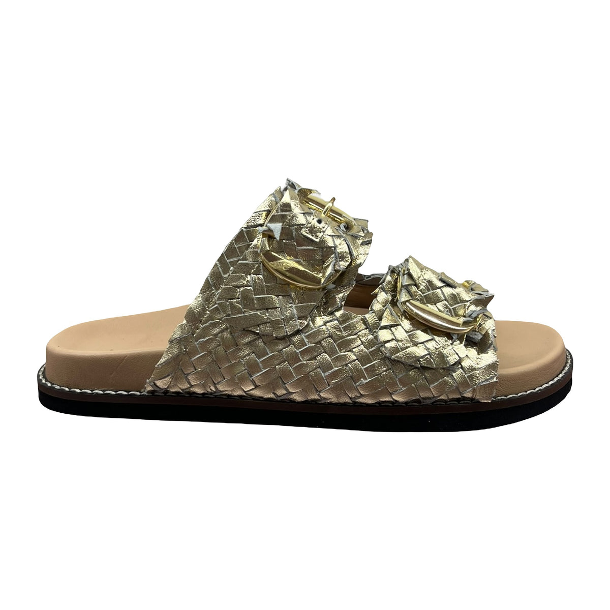 Sandali Bassi Ciabatta Doppia Fascia Intreccio Oro