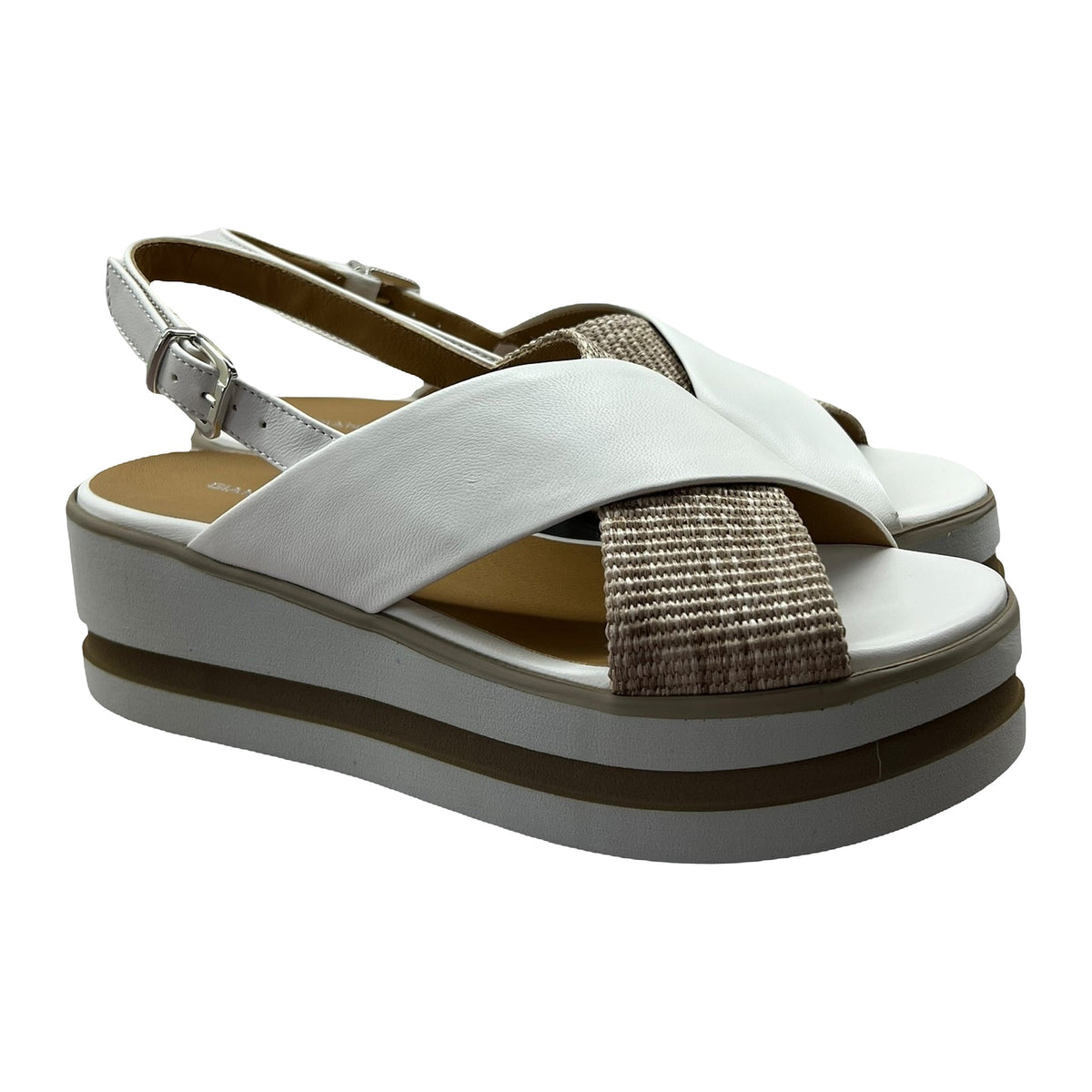 Sandali Gianmarco Sorelli Zeppa 5cm In Pelle Bianco E Rafia, vista 2
