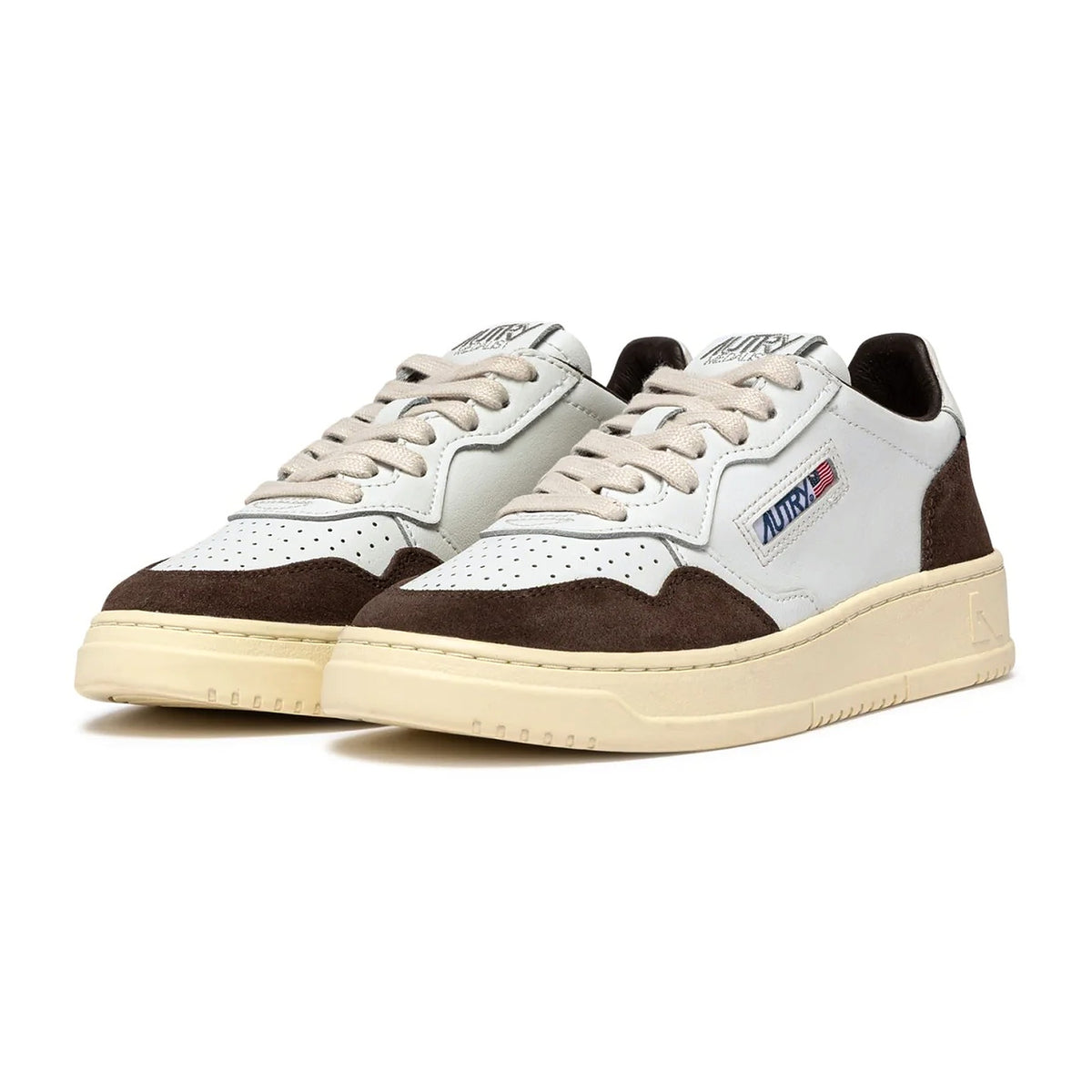 Sneakers Autry Medalist Low in pelle bianca e suede mogano, vista 2
