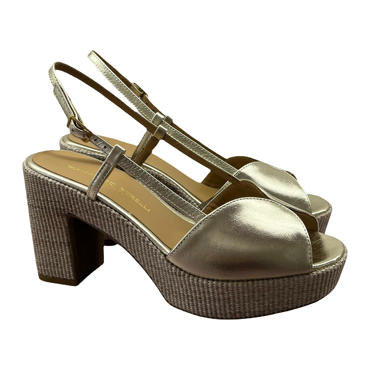 Sandali Gianmarco Sorelli Zeppa 10cm In Rafia E Pelle Platino, vista 2