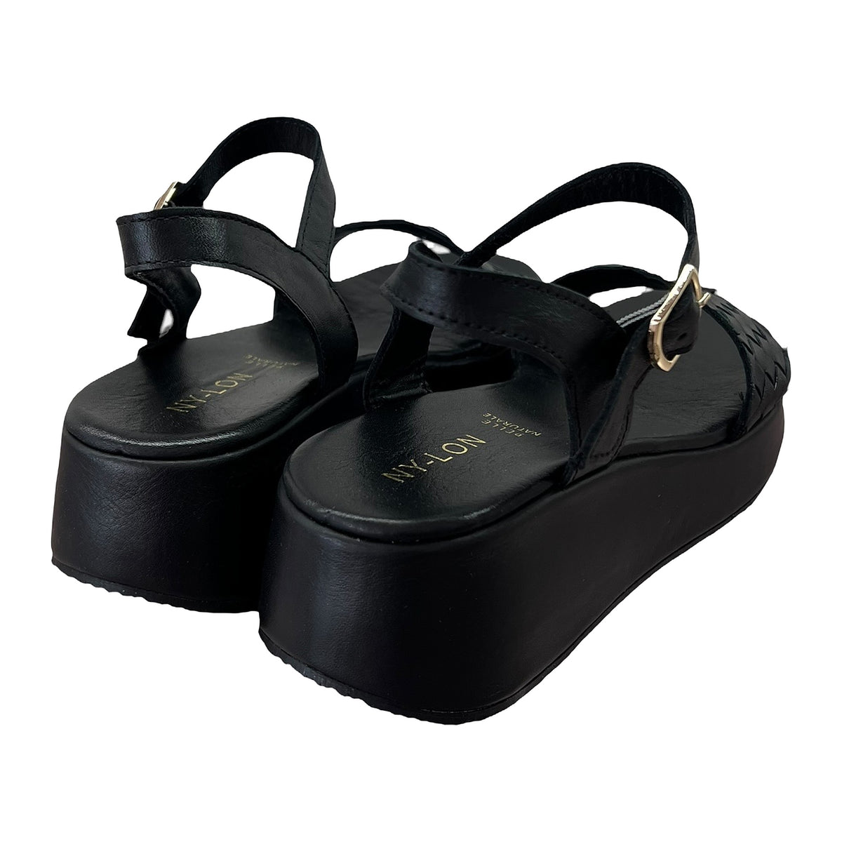 Sandali Zeppa 4cm In Pelle E Intreccio Nero, vista 3