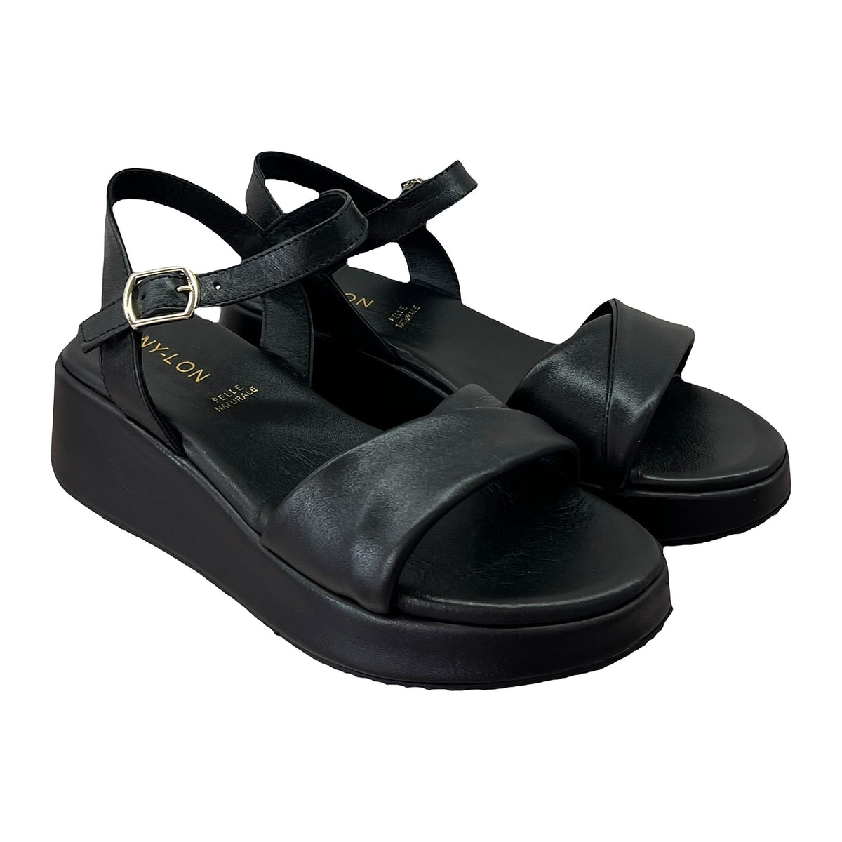 Sandali Zeppa 4cm In Pelle Nero, vista 2