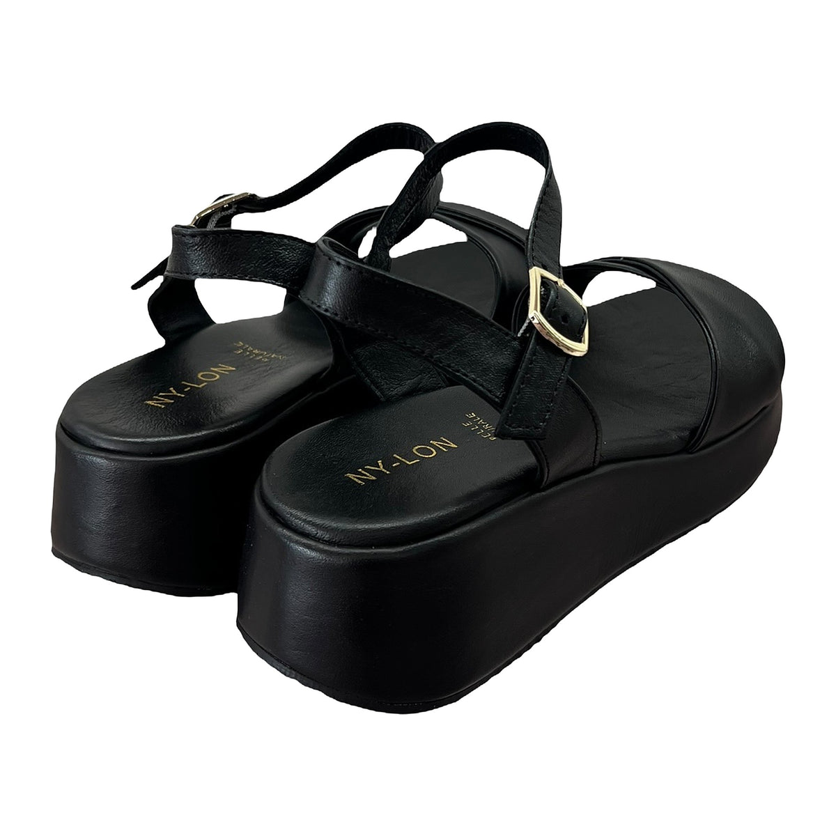 Sandali Zeppa 4cm In Pelle Nero, vista 3