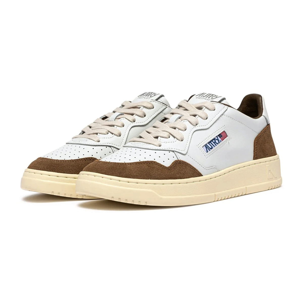 Sneakers Autry Medalist Low in pelle bianca e suede tabacco, vista 2