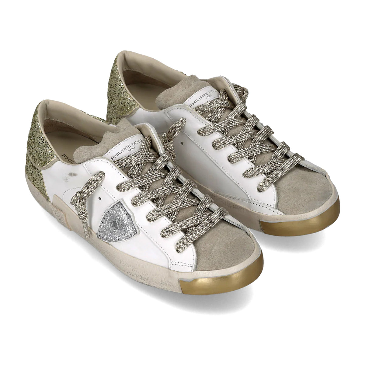Sneakers Philippe Model Prsx Con Spoiler Glitterato, Bianco Oro, vista 2