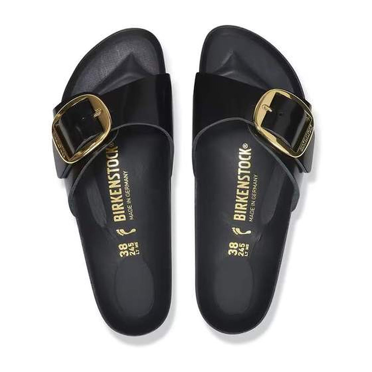 Sandali Bassi Birkenstock Madrid Big Buckle HEX Shine Black, Natural Leather, vista 3