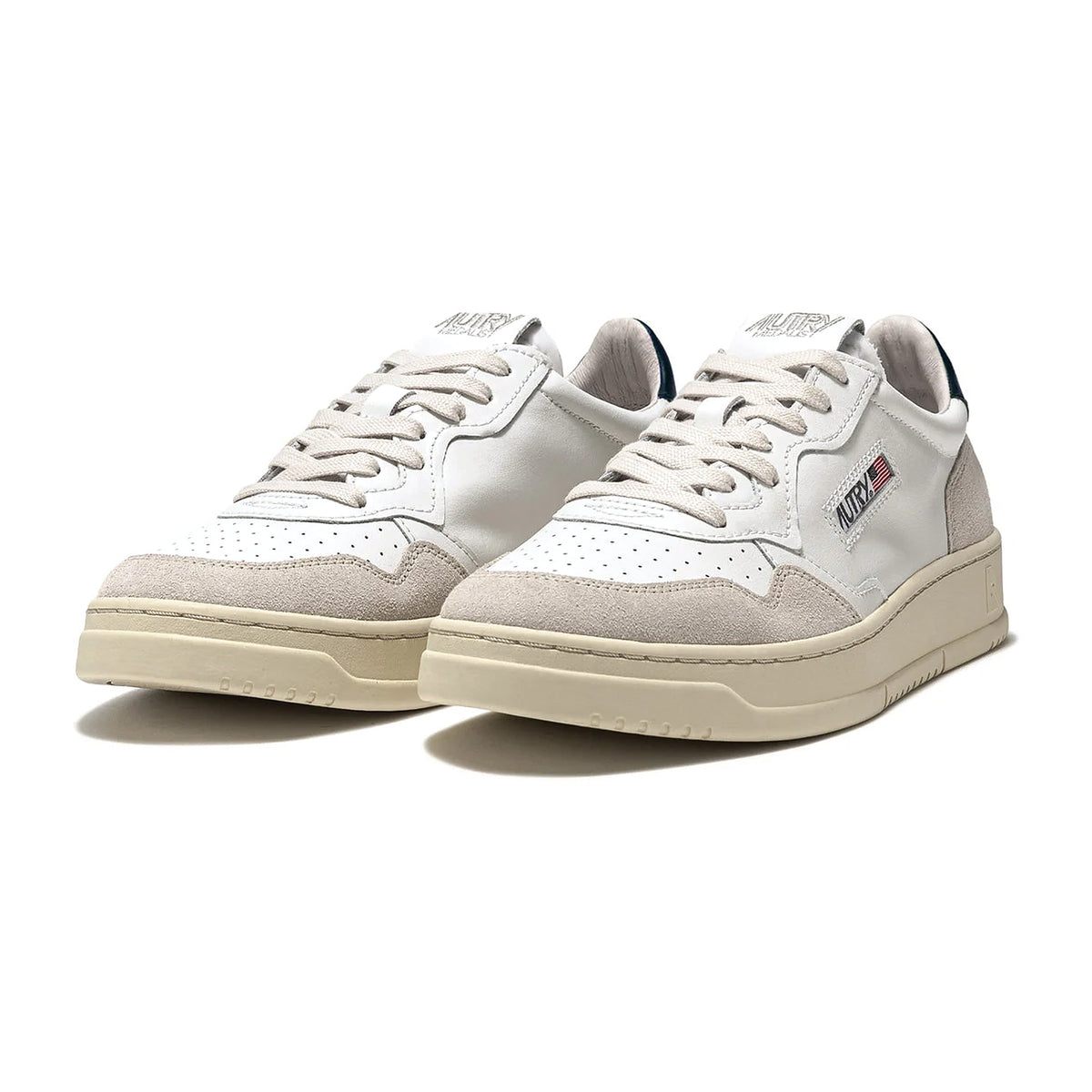 Sneakers Autry Medalist Low In Pelle Bianca E Blu E Suede Beige, vista 2