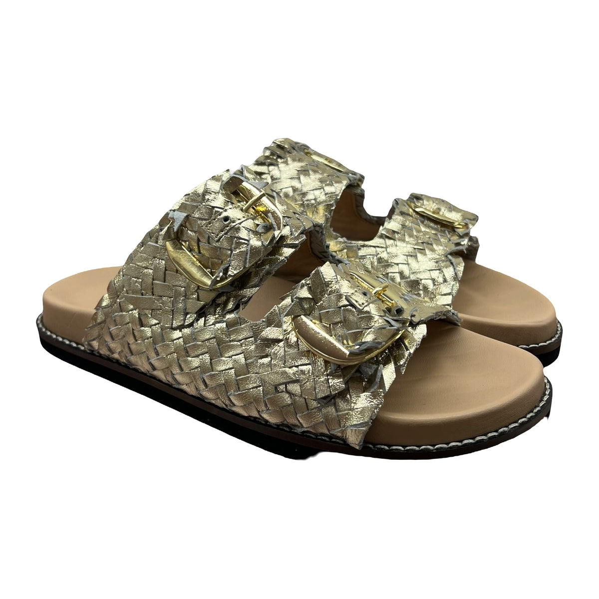 Sandali Bassi Ciabatta Doppia Fascia Intreccio Oro, vista 2