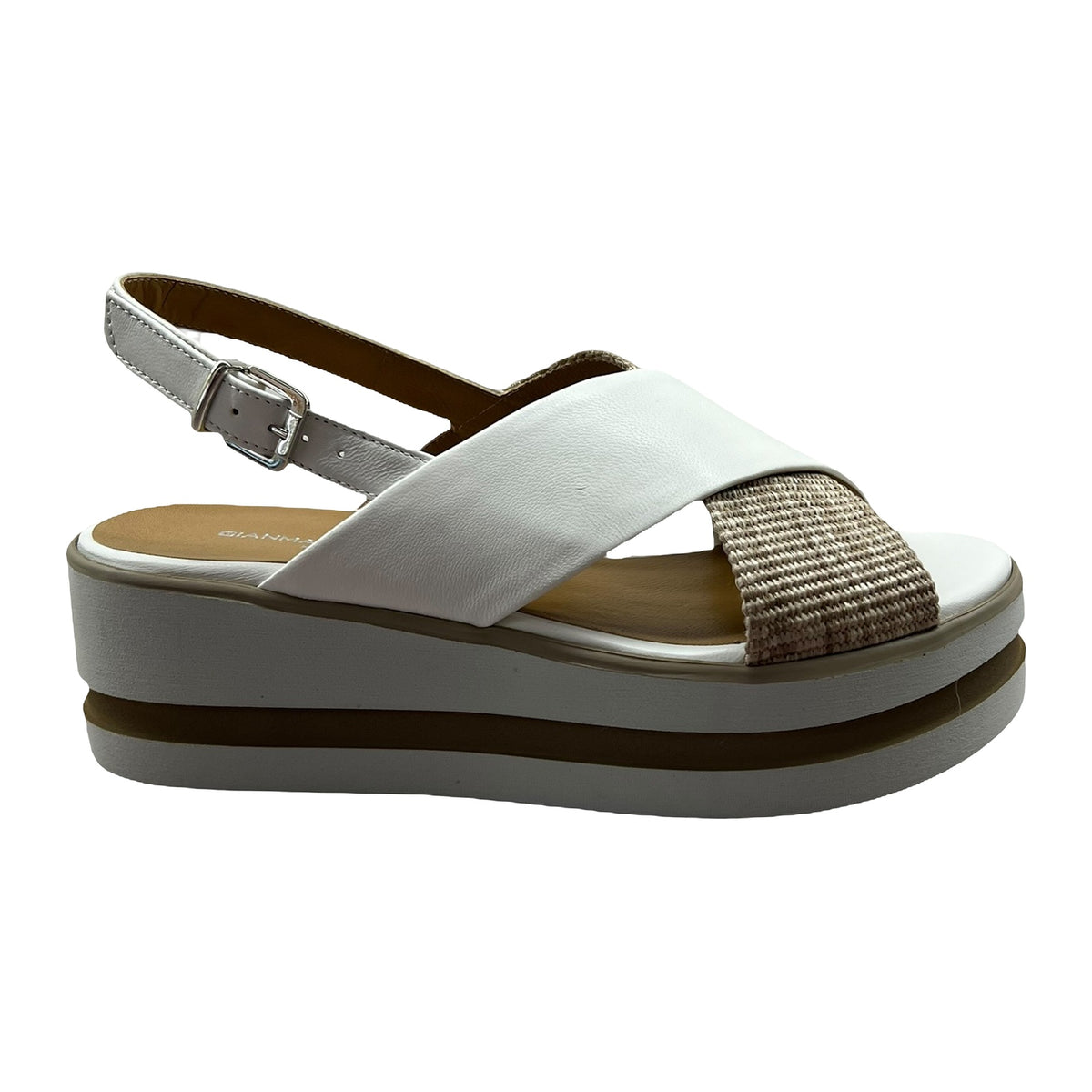 Sandali Gianmarco Sorelli Zeppa 5cm In Pelle Bianco E Rafia