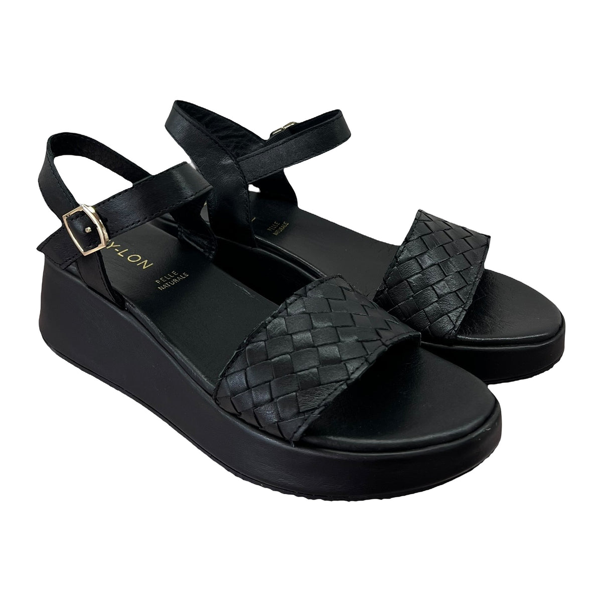 Sandali Zeppa 4cm In Pelle E Intreccio Nero, vista 2