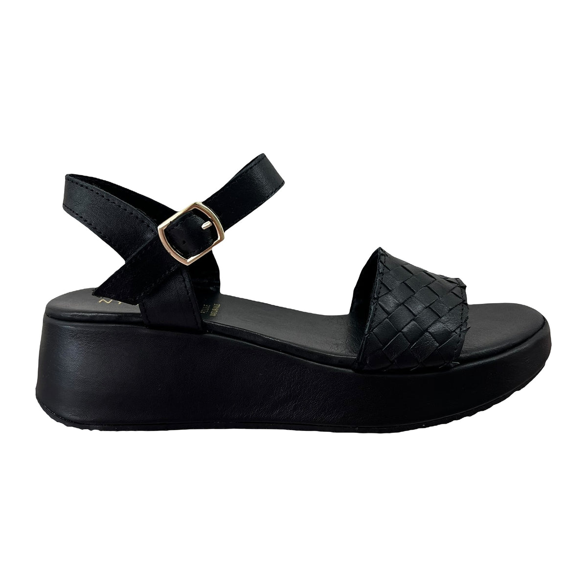 Sandali Zeppa 4cm In Pelle E Intreccio Nero